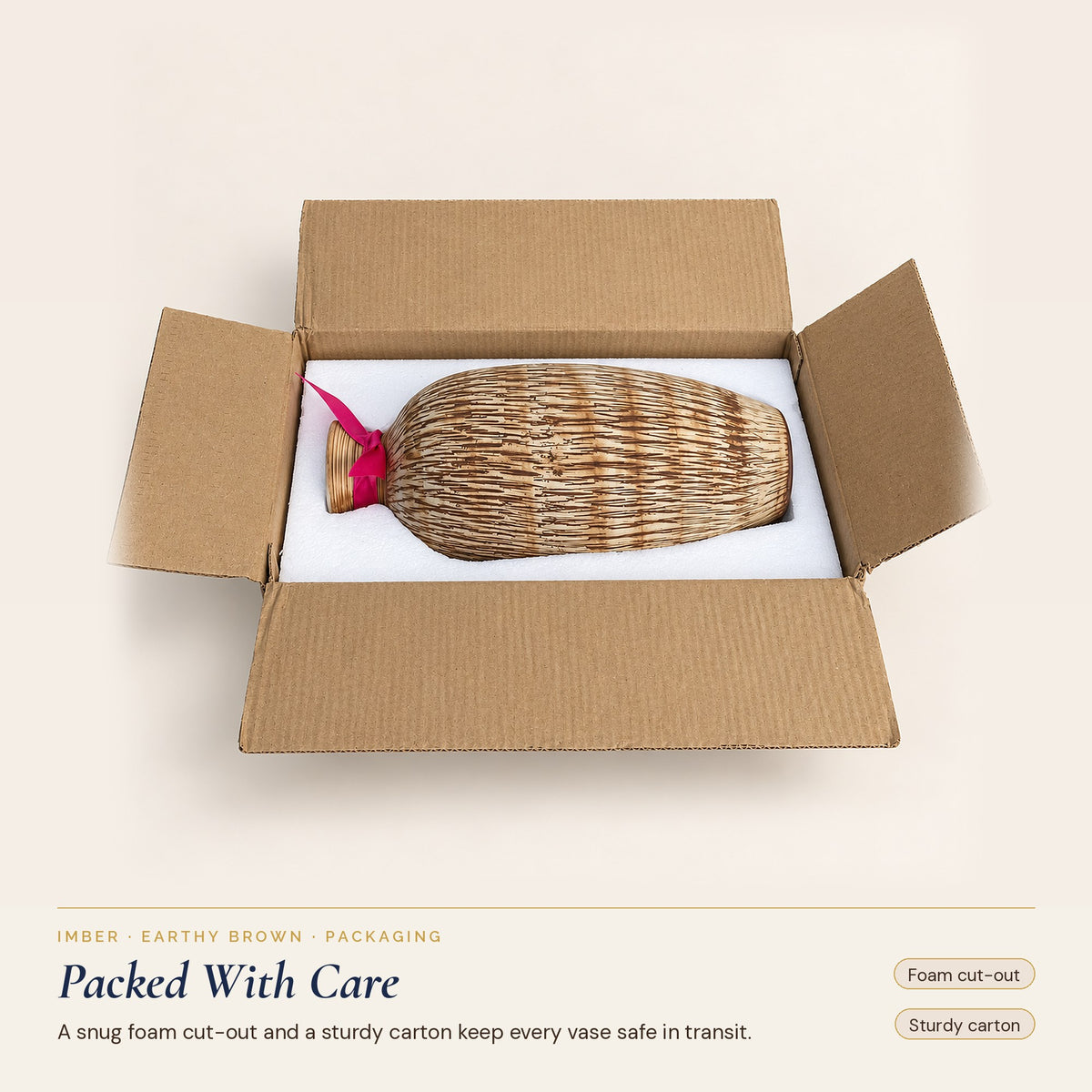 Imber Tall ceramic vase in Earthy Brown, packed in its carton with a foam cut-out