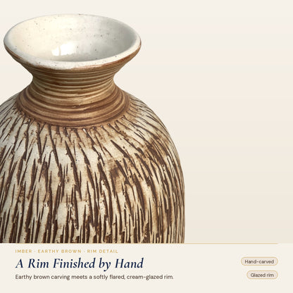 Imber Tall ceramic vase in Earthy Brown, rim detail, glazed flared rim