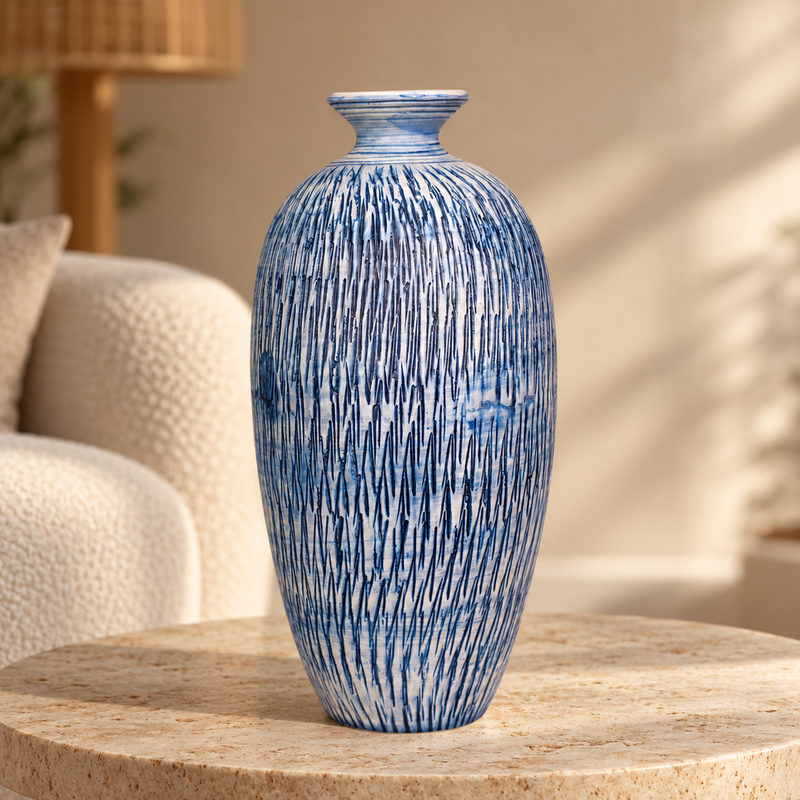 Imber Tall ceramic vase in Ocean Blue, front view