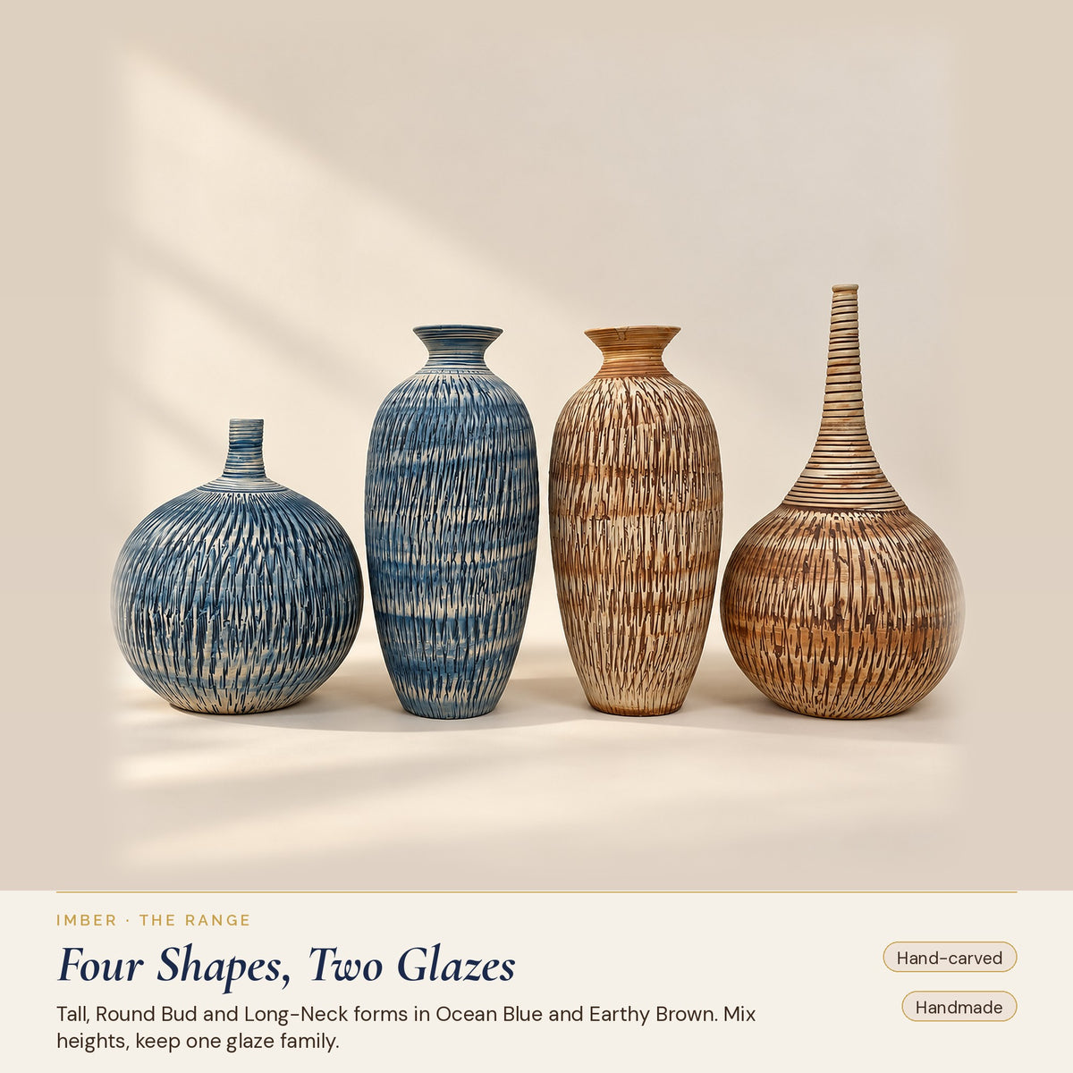 Imber ceramic vase range: Tall and Round Bud in Ocean Blue, Tall and Long-Neck in Earthy Brown