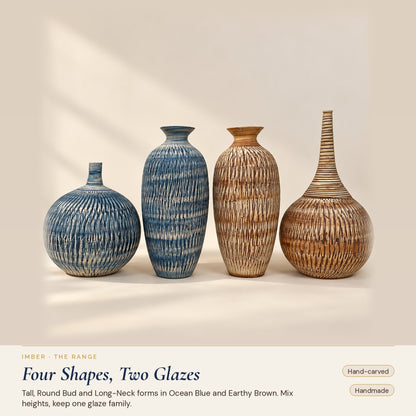 Imber ceramic vase range: Tall and Round Bud in Ocean Blue, Tall and Long-Neck in Earthy Brown